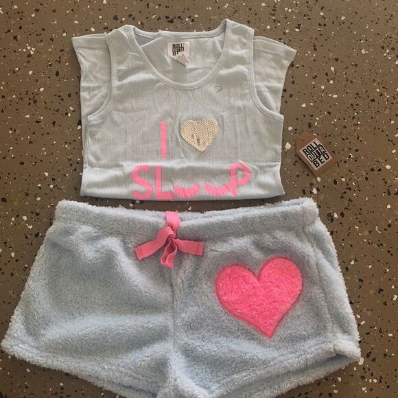 Roll outta bed pj set fuzzy shorts & tank - Picture 2 of 6